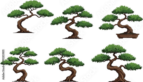 Green bonsai tree collection, twisted trunk design, nature illustration, potted plant art