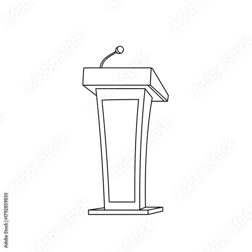 A line art illustration of a modern podium with a microphone