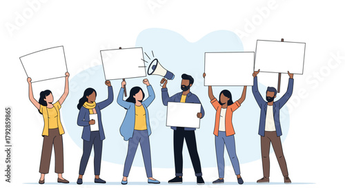 A diverse group of people are holding blank signs and raising their voices in protest together.