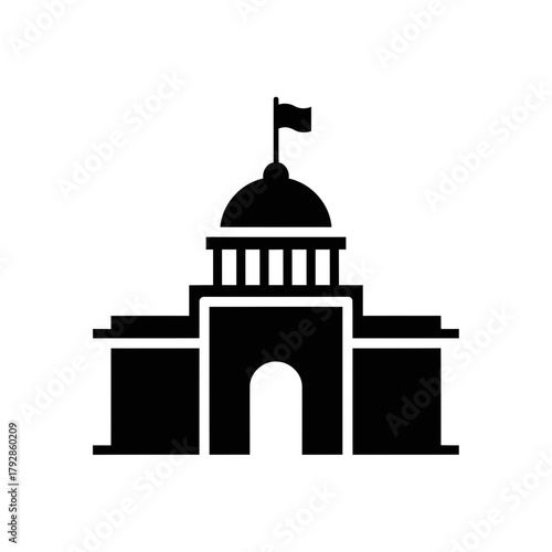 Black silhouette icon of a government building with a dome and flag