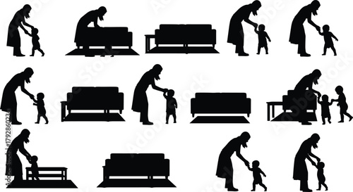 Mother, child, silhouette, parenting, caregiving, toddler, interaction, domestic, love, support, development, walking, helping, bonding, flat, vector, black, minimalist, nurturing, moment