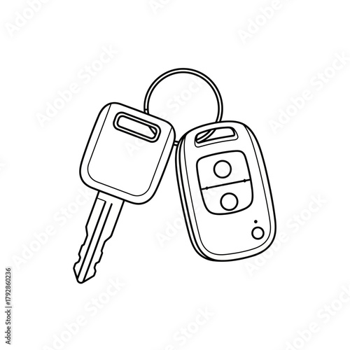 Line art drawing of a car key and a remote key fob attached to a ring, symbolizing access and transportation