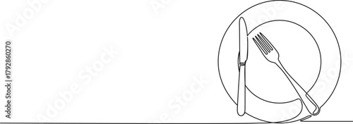 continuous line drawing of fork and knife on dinner plate, line art vector illustration