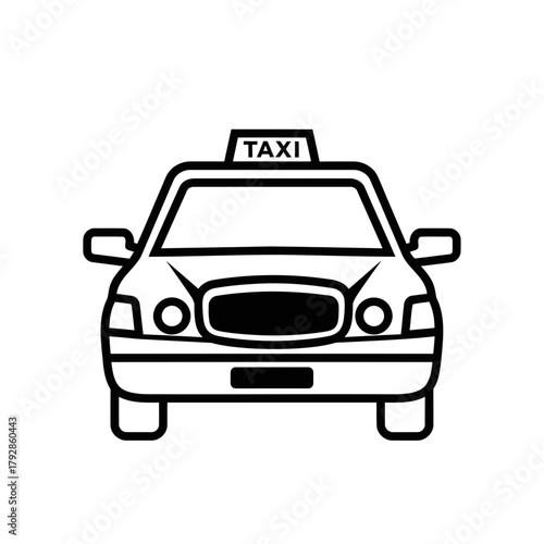 A black and white outline of a taxi car seen from the front, with a taxi sign on top