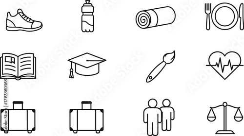 Lifestyle icons vector set, fitness hydration and wellness symbols, education travel and creativity icons, health and balance minimal graphics, flavector