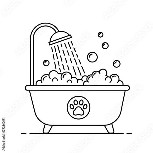 Line art of a bathtub with a shower head, bubbles, and a paw print logo