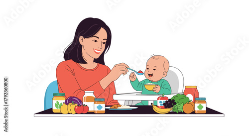 A mother feeds her baby healthy organic food from a spoon in a high chair.