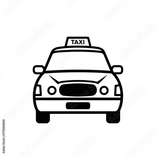 Front view line art illustration of a taxi car with a taxi sign on top, symbolizing transportation, urban travel, and public service
