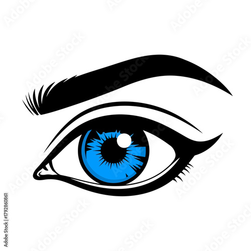 Closeup of a vibrant blue eye with a black outline and eyebrow