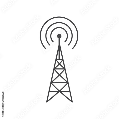 A minimalist black and white line art icon representing a radio tower with signal waves emanating from the top