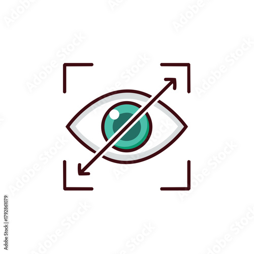 Digital eye scanning iris and pupil with focus frame and directional arrows signifying data capture