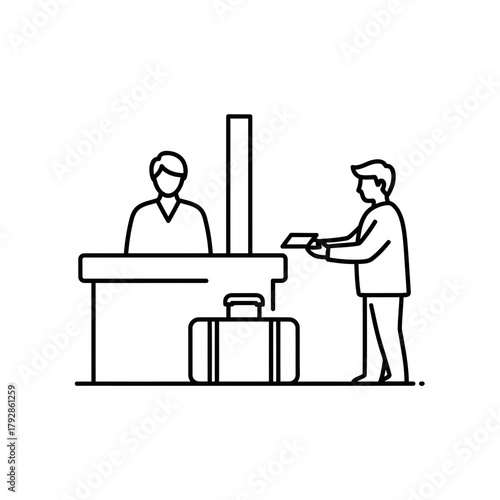 Line art icon of a person at a checkin counter with luggage and a ticket