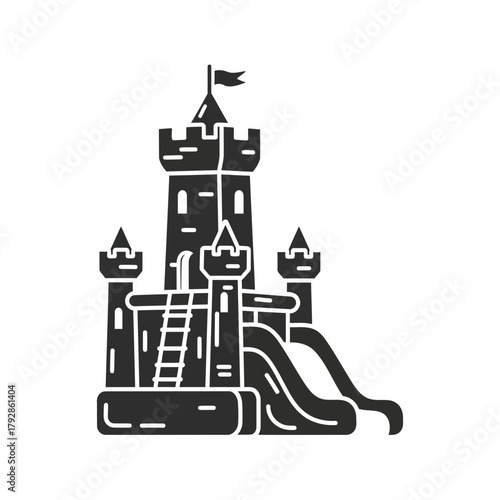 Inflatable bounce house castle with slide and flag, perfect for kids parties and outdoor fun