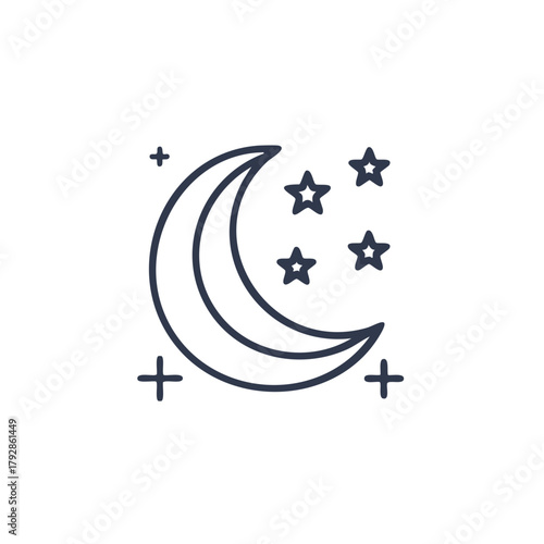 Simple line art crescent moon and stars icon illustration for night sky concept