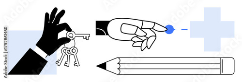 Hand holding keys, robotic hand touching a small dot, pencil, and cross symbol. Ideal for innovation, teamwork, technology, creativity automation problem-solving futuristic concepts. Simple flat