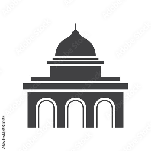 A dark silhouette of a building with a dome and arched entrances