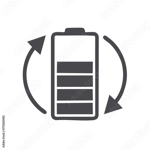 Digital battery symbol with arrows depicting energy cycling power recharge and renewal