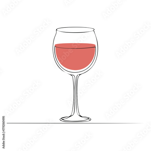 Minimalist wine glass filled with rosé wine depicted with continuous line art on white