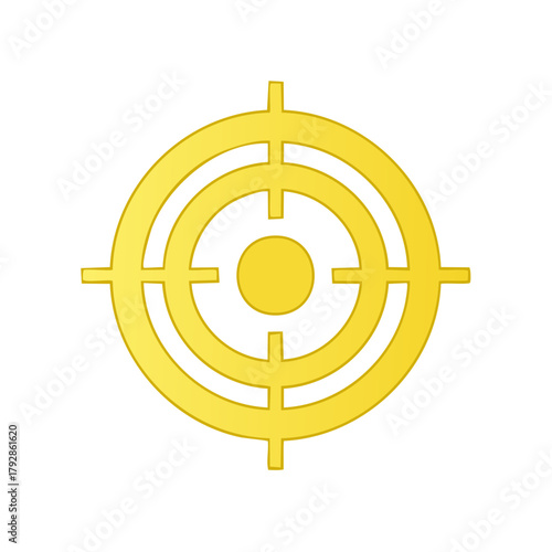 Gold colored bullseye target with crosshair on white. Precision aiming symbol concept for marketing or business strategy and objectives.