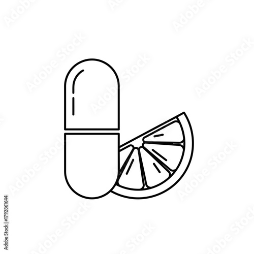Pill and a slice of orange, representing vitamin supplement or natural medicine