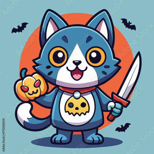 Cute cartoon cat ready for halloween adventure with pumpkin and sword
