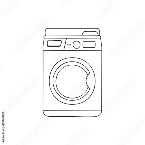 Simple outline drawing of a front loading washing machine with a round door and control panel