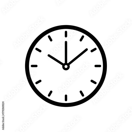 A simple black and white illustration of a clock face showing the time