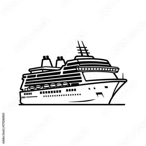 Outline illustration of a large cruise ship with multiple decks and smokestacks, sailing on a calm sea