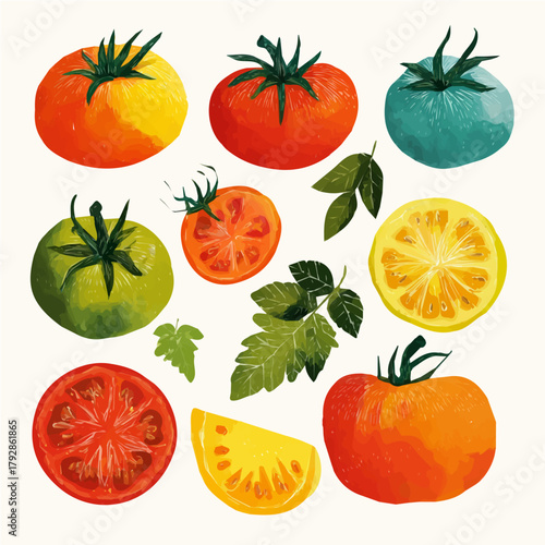 A beautiful Simple flat 2D icon Vibrant Heirloom Tomato isolated on a white background, vector, flat design, animation design, simple flat 2D icon, minimalist design, colorful tomato slices and leaves