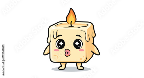 A cute cartoon candle character with big eyes and a kissy face ready to illuminate.