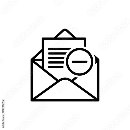 Black and white line art icon of an open envelope with a document and a minus sign