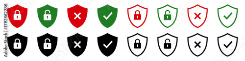 Set of Security shield icons set. Shield with check mark, padlock, lock, unlock symbol solid and outlined icon set Vector illustration