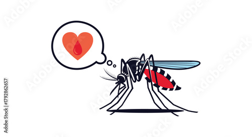 Mosquito with a thought bubble showing a heart and a blood drop.