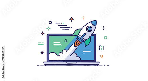 Vector Illustration of Startup Rocket Launching from Laptop Screen in Modern Style