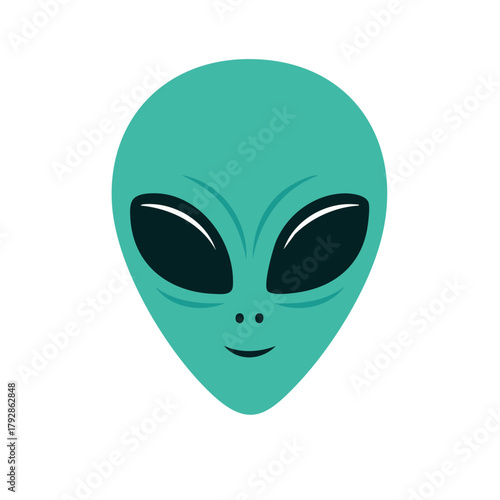 Cartoon illustration of a friendly green alien character with big black eyes and a smiling mouth.