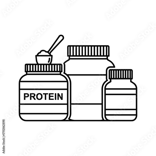 Three containers of protein powder with a scoop