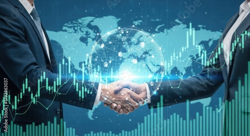 Businessmen Shaking Hands Over Digital Globe with Financial Data