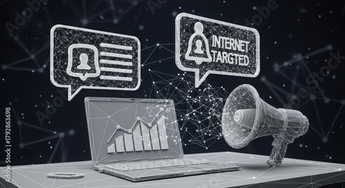 Wireframe Laptop with Megaphone and Social Media Icons