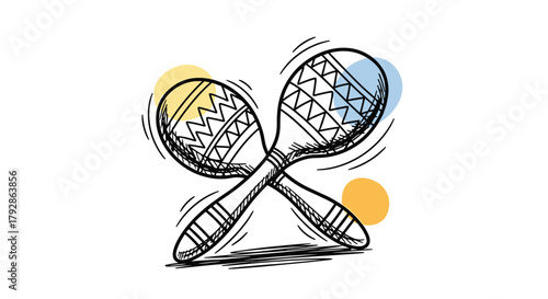 A hand drawn illustration of two crossed maracas with colorful dots in the background.