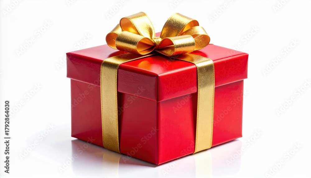 Obraz premium Red gift box with gold ribbon and bow vibrant red gift box adorned with shimmering gold ribbon and delicate bow perfect for special occasions