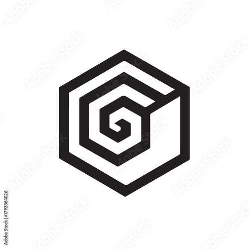 Abstract geometric spiral within a hexagon, creating a modern and unique design