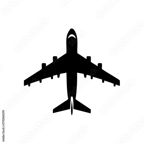 Silhouette of a commercial airliner in flight seen from directly above
