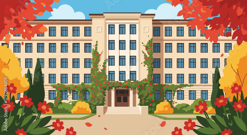 Beautiful university building surrounded by colorful autumn trees and flowers.