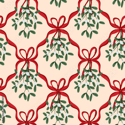 Preppy mistletoe christmas floral coquette bow Christmas seamless pattern wrapping paper, fabric