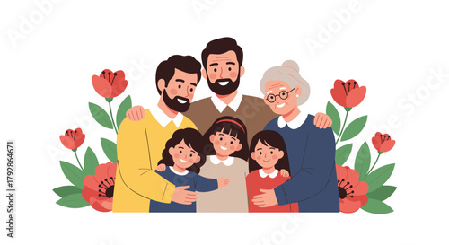 A loving family portrait surrounded by blooming poppies symbolizing familial bonds and remembrance.