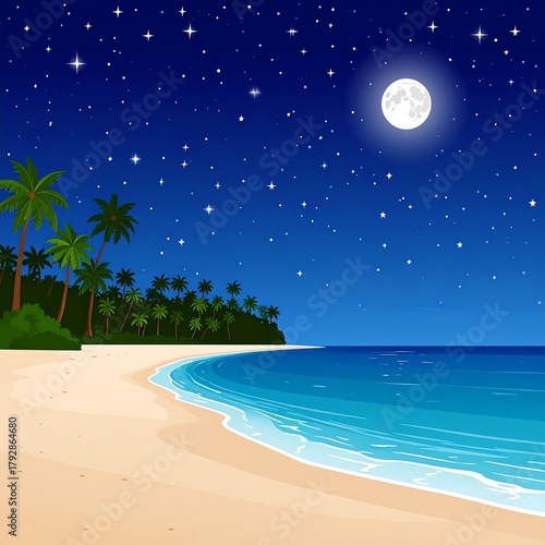 Cartoon beach scene under a starry night sky with full moon