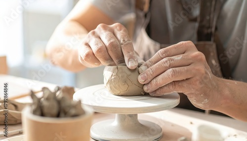 Handcrafting clay pot artistic creation of pottery individual demonstrates skill of forming pottery from raw clay using hands on pottery wheel