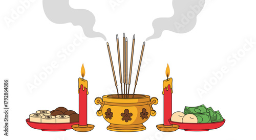 A traditional offering ceremony with incense candles and food is depicted in this pixel art.