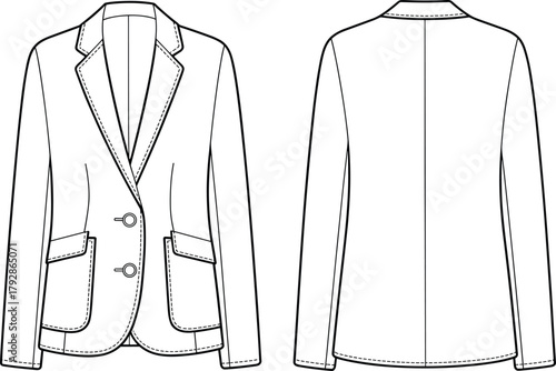Elegant women’s tailored blazer fashion flat sketch with front and back technical drawing, vector template for apparel design illustration