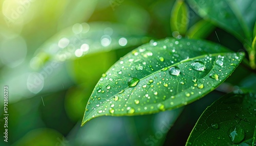 Vibrant green leaf adorned with glistening water droplets close up captures fresh vibrant green leaf adorned with sparkling water droplets natural scene